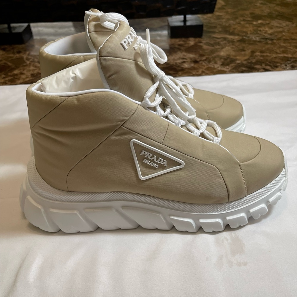 🔥 Prada Rush Piuma Nylon Beige White Platform High Top Trainer Sneaker 39